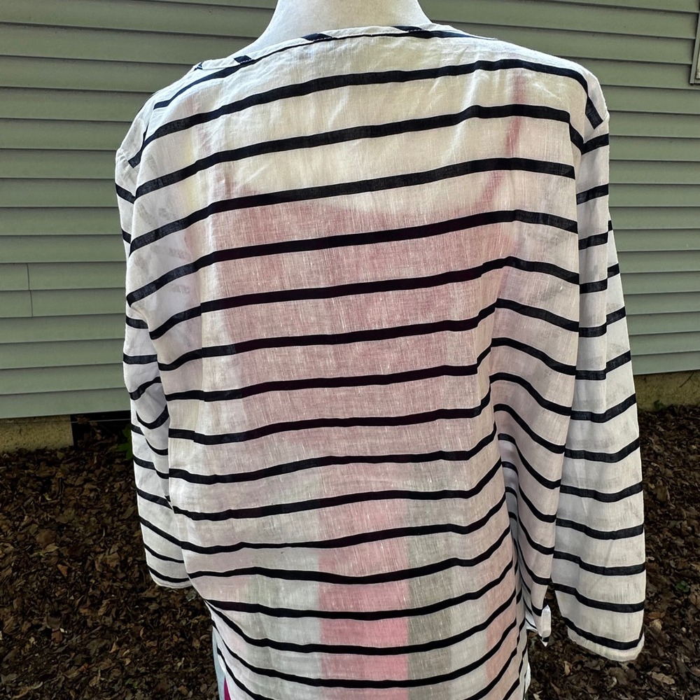 Hester & Orchard Linen Blend Tunic Top B&W Striped 3/4 Sleeve Button‎ Up Size L - Picture 8 of 12